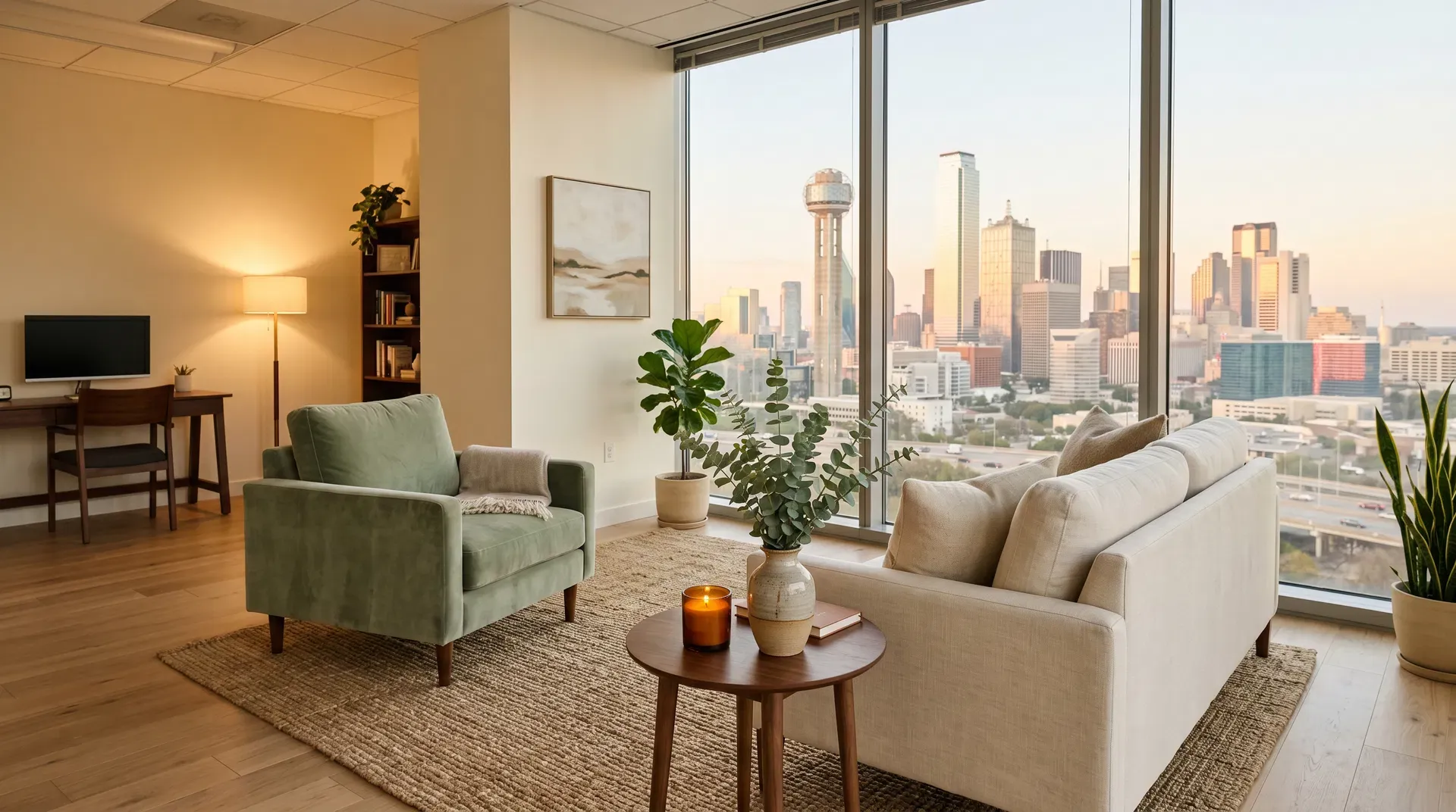 A beautiful therapy room with natural materials and soft light